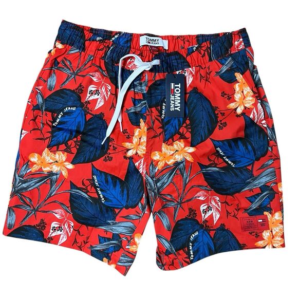 Tommy Jeans Swim Trunk Mens L Red Floral Hawaiian Tropical Resort Wear Vacation - Picture 1 of 9